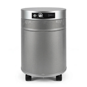 Silver cylindrical air purifier on a white background
