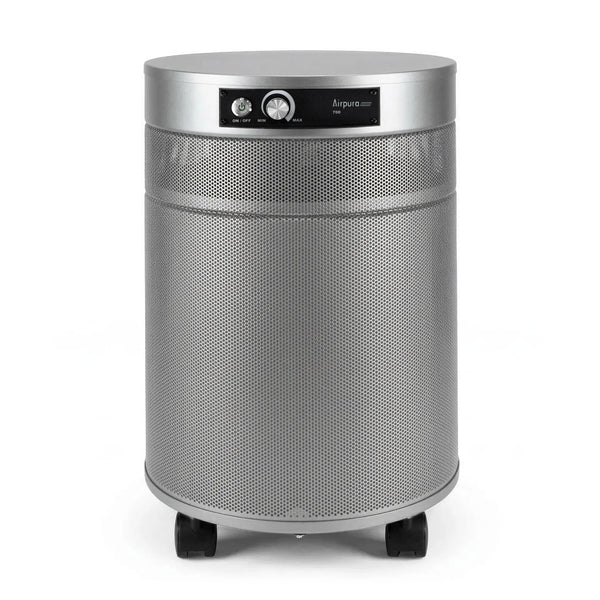 Silver cylindrical air purifier on a white background