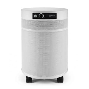 White air purifier with mesh design on a white background