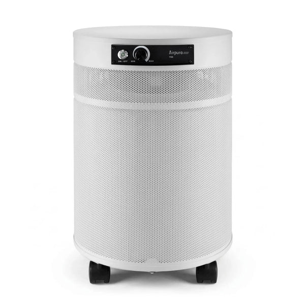 White air purifier with mesh design on a white background