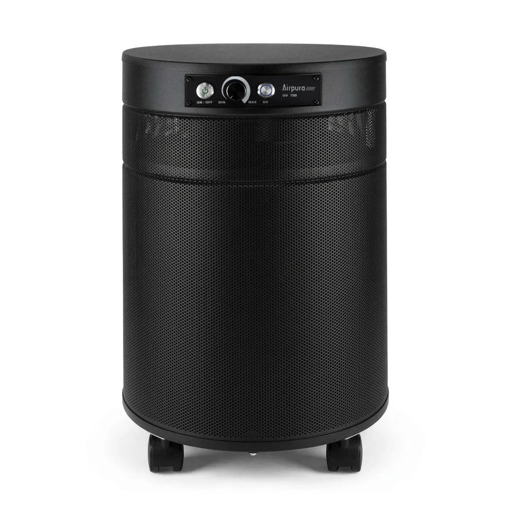 Black cylindrical air purifier on a white background