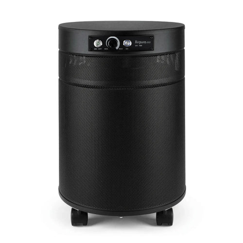 Black cylindrical air purifier on a white background