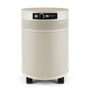 Beige cylindrical air purifier on a white background