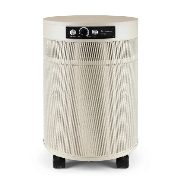 Beige cylindrical air purifier on a white background