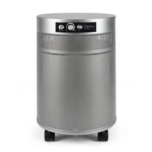 Silver cylindrical air purifier on a white background