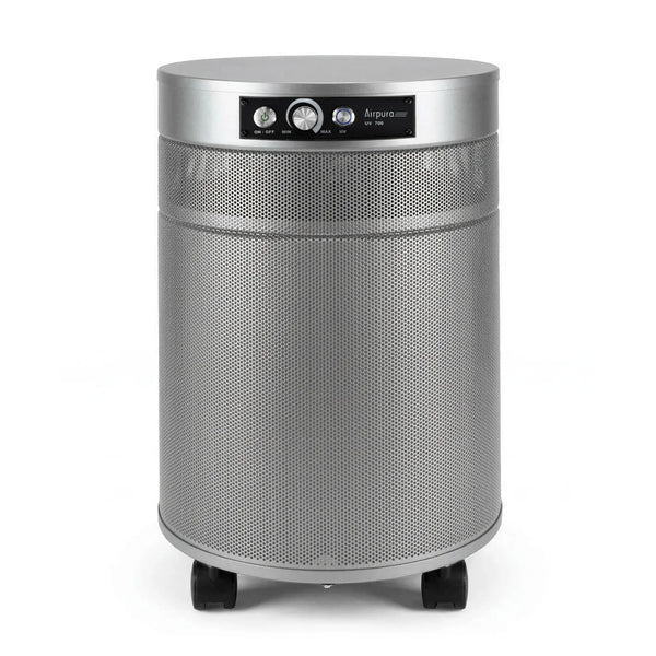 Silver cylindrical air purifier on a white background