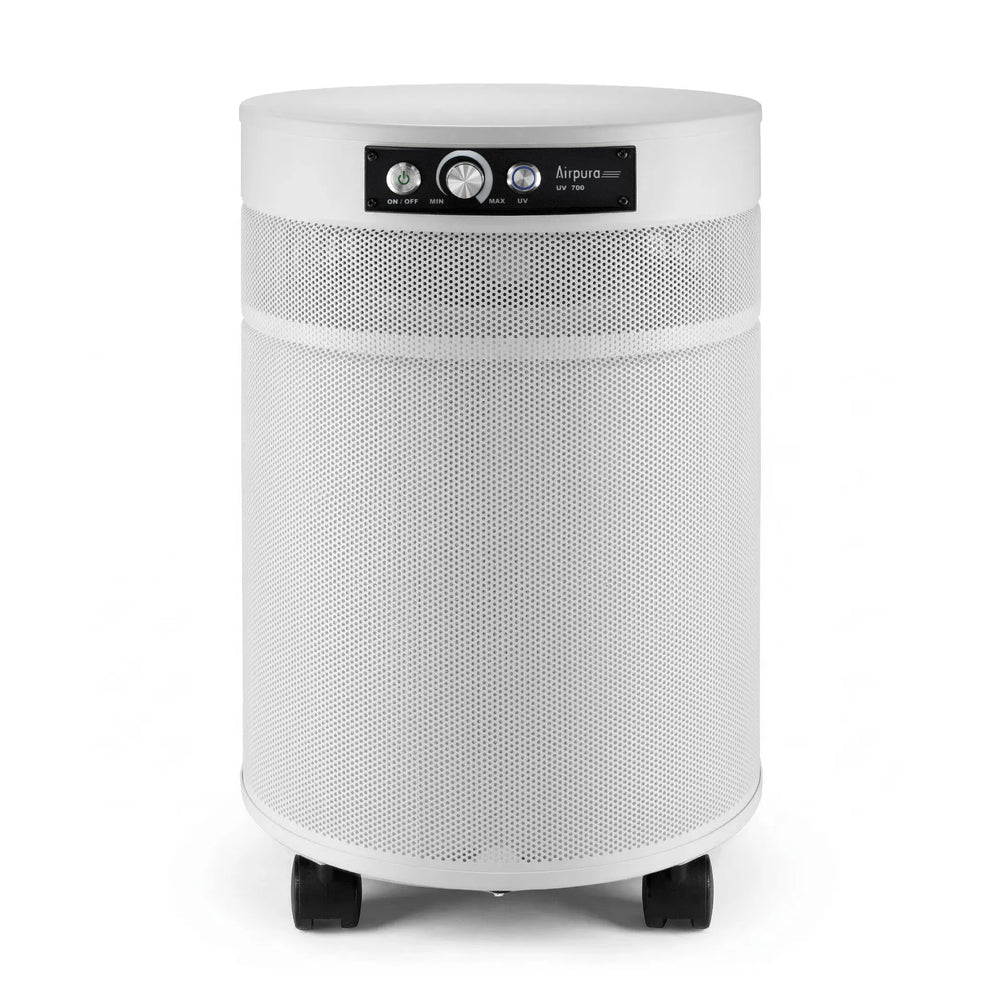 Black cylindrical air purifier on a white background