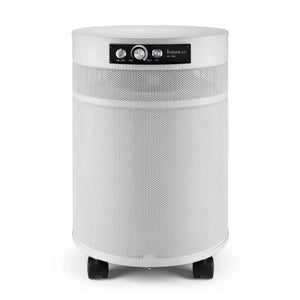 White air purifier with a mesh design on a white background