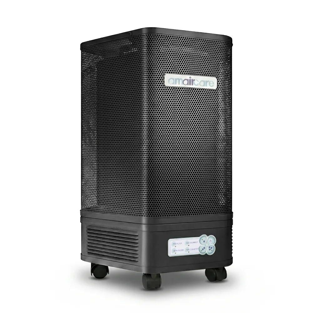 White air purifier by amaircare with wheels on a white background