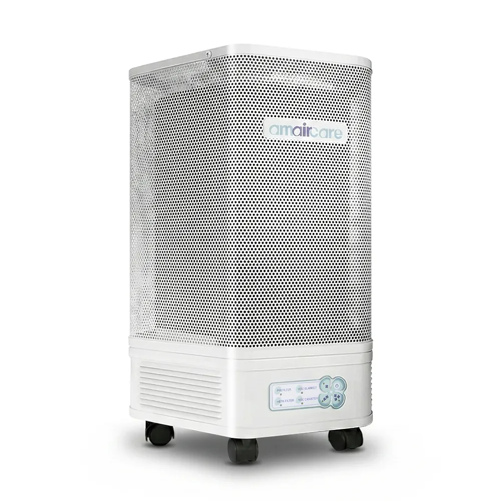 White air purifier by amaircare with wheels on a white background