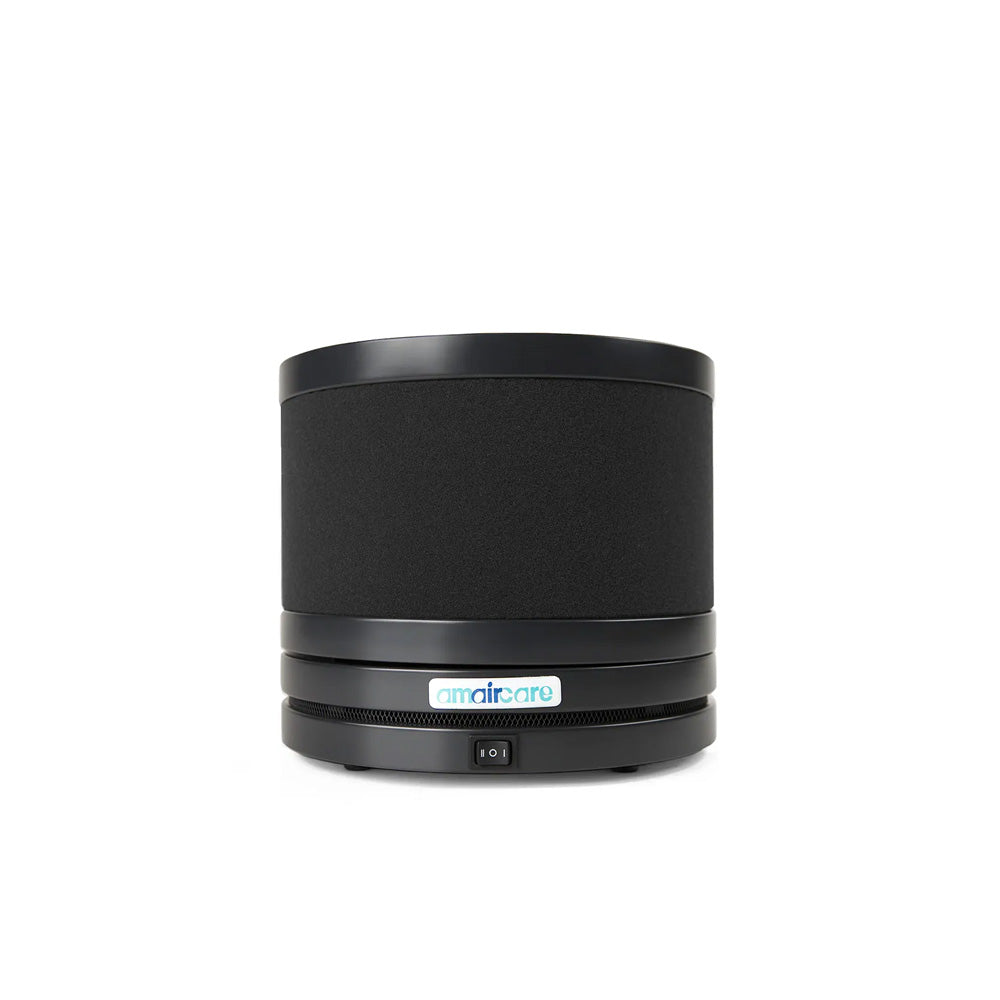 Small round air purifier with white design on a white background