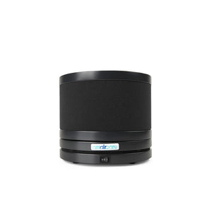 Small round air purifier with black design on a white background