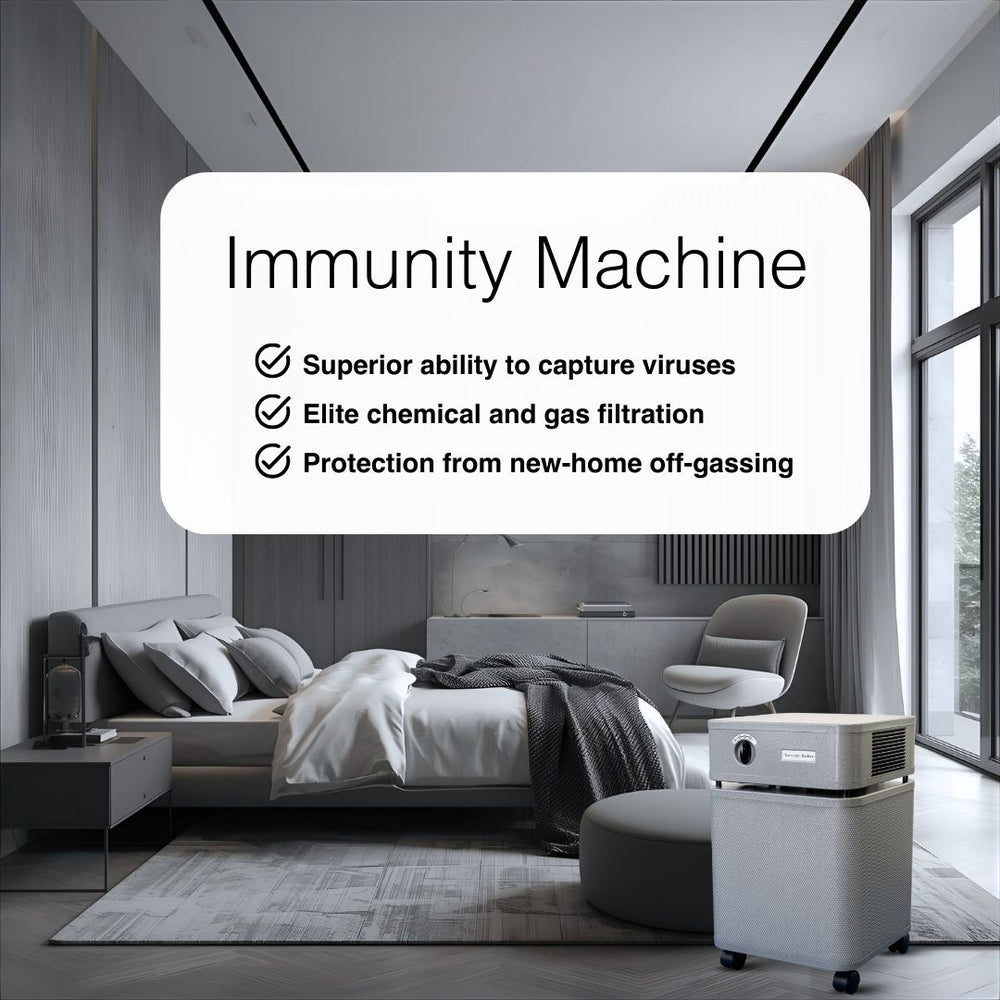 Silver Austin Immunity Machine air purifier at 3/4 angle on a white background