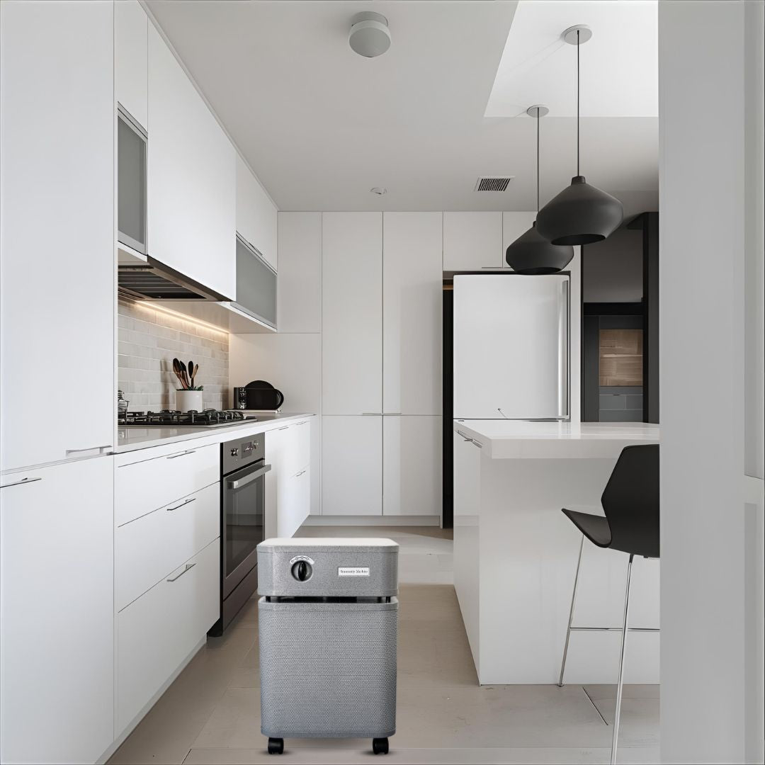 Modern kitchen with white cabinets, stainless steel appliances, and a small gray air purifier on the floor.