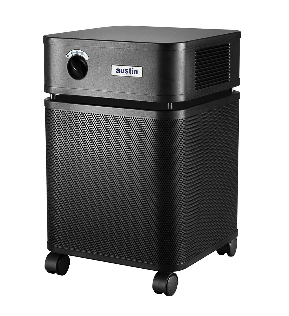 Black rectangular Austin air purifier on a white background facing left 3/4
