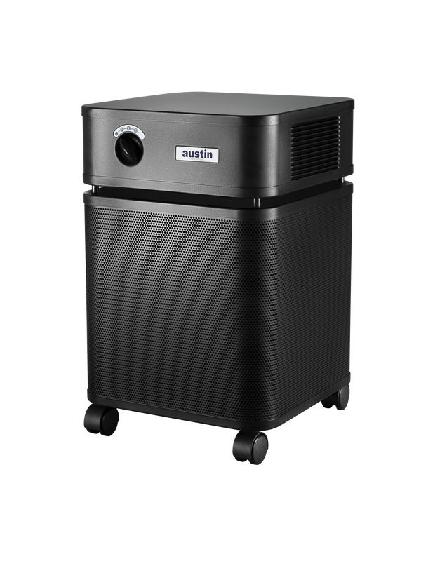 Black rectangular Austin air purifier on a white background facing left 3/4
