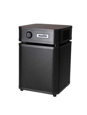 Black metal rectangular Austin air purifier on a white background facing left 3/4