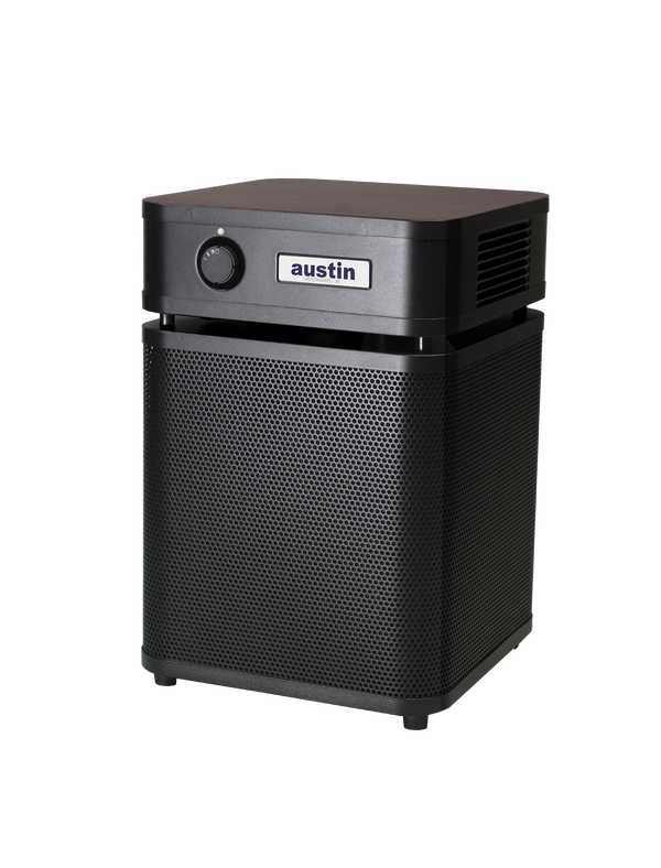 Black metal rectangular Austin air purifier on a white background facing left 3/4