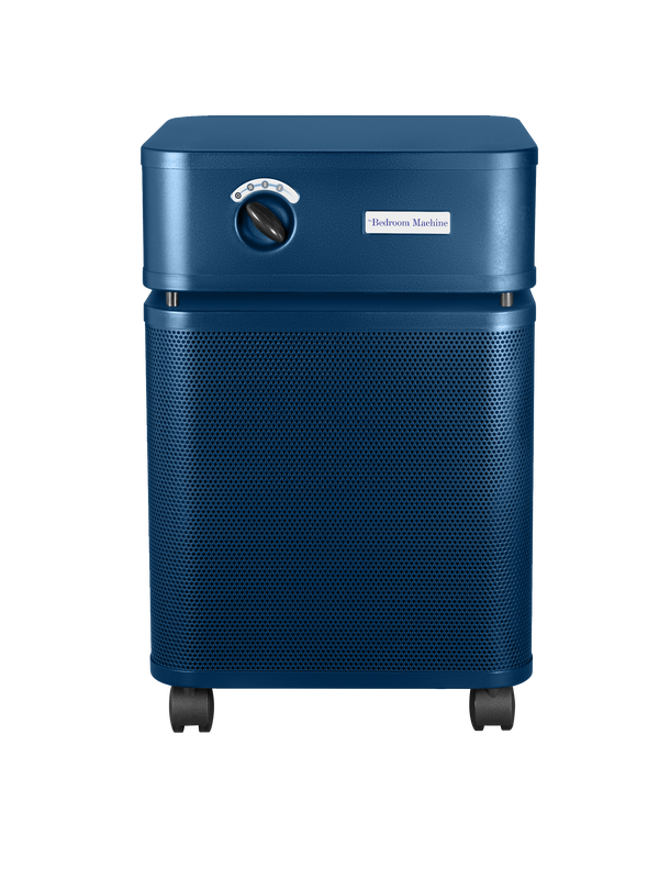 Blue metallic rectangular Austin air purifier on a white background facing front