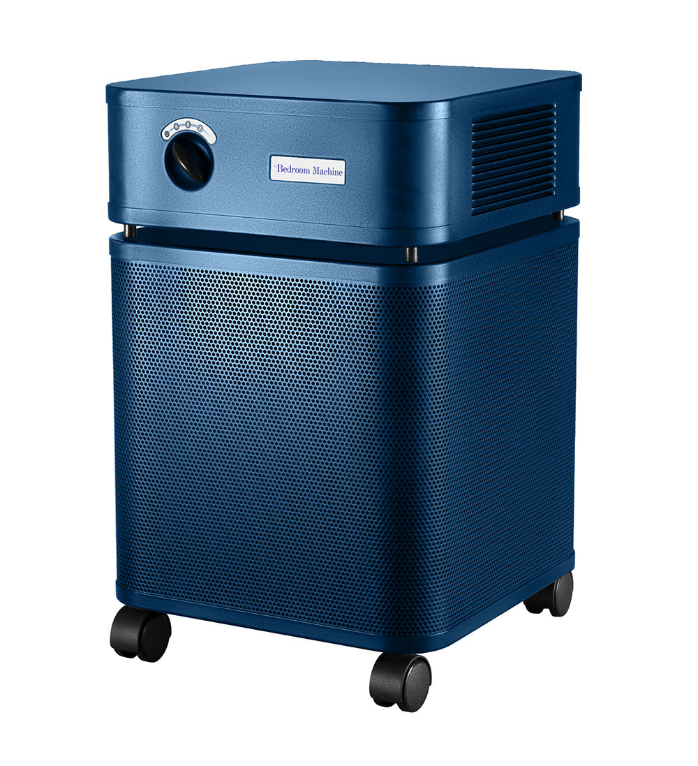 Blue Metallic rectangular Austin air purifier on a white background facing left 3/4