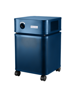 Blue metallic rectangular Austin air purifier on a white background facing left 3/4