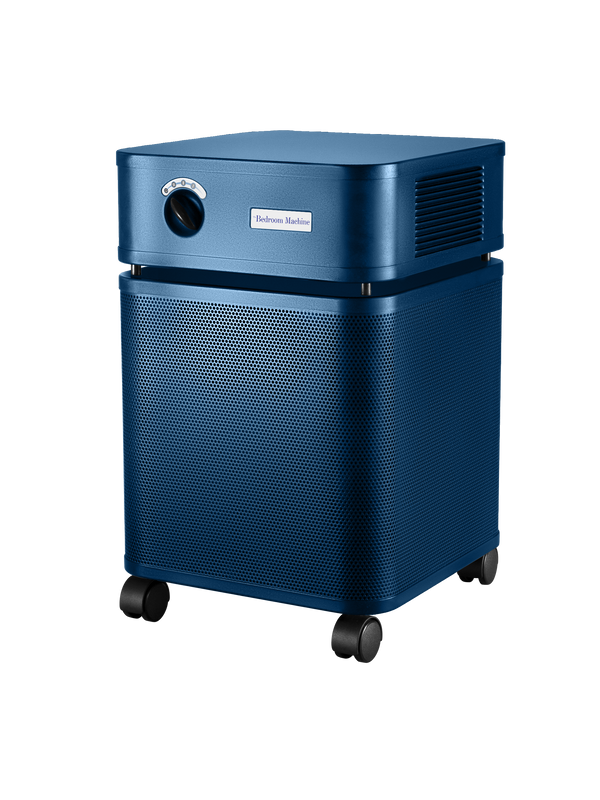 Blue metallic rectangular Austin air purifier on a white background facing left 3/4