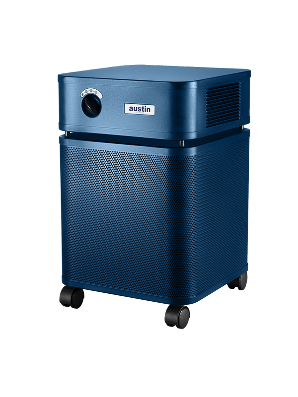 Blue rectangular Austin air purifier on a white background facing left 3/4