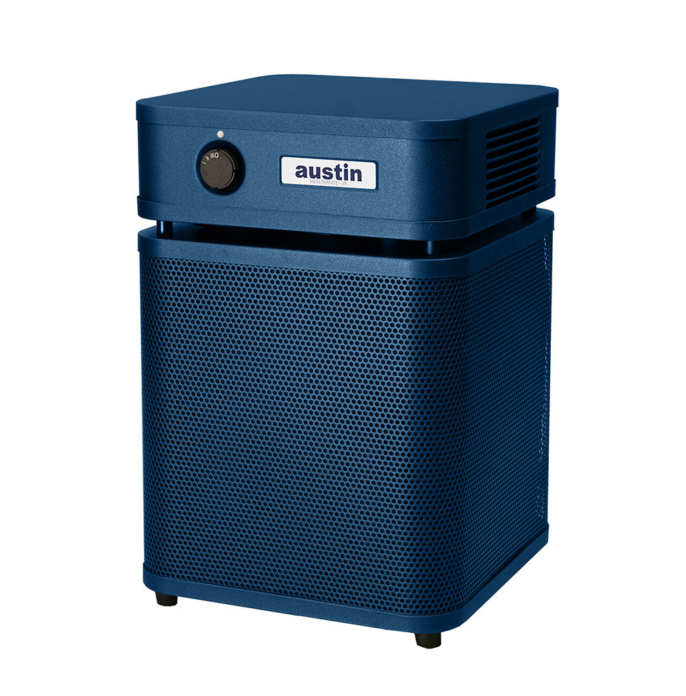 Blue rectangular Austin air purifier on a white background facing left 3/4