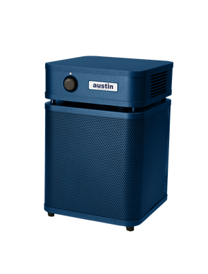 Blue rectangular Austin air purifier on a white background facing left 3/4