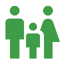 Green icon of a family with two adults and a child on a white background