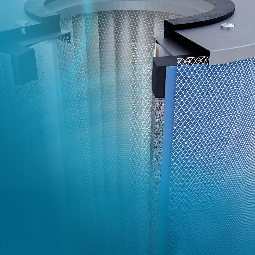 Close-up of a cutaway of a Austin filter module with the various layers and mesh