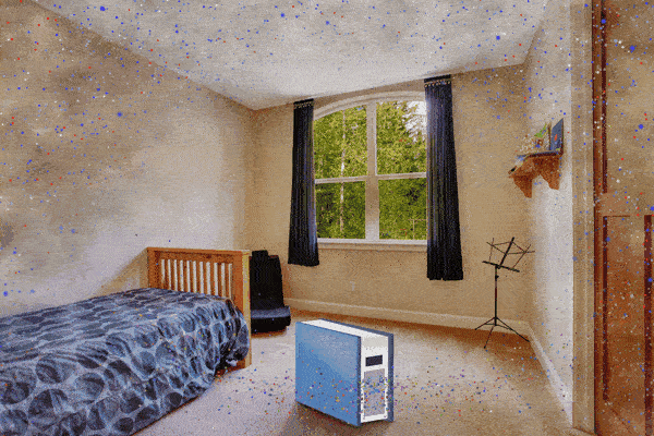 Air Purifier animation and particles moving around a bedroom
