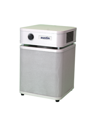 Sandstone textured rectangular Austin air purifier on a white background facing left 3/4