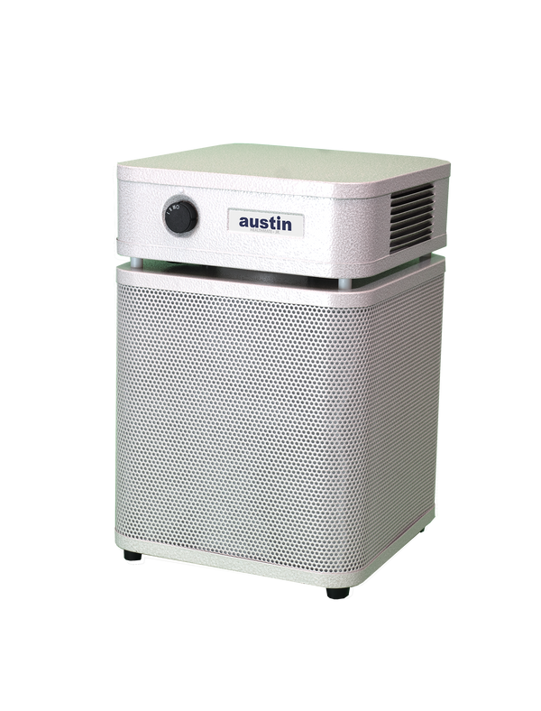Sandstone textured rectangular Austin air purifier on a white background facing left 3/4