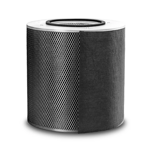 Replacement Air filter canister covered by black fabric with a mesh body on a white background