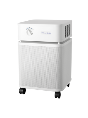 White rectangular Austin air purifier on a white background facing left 3/4