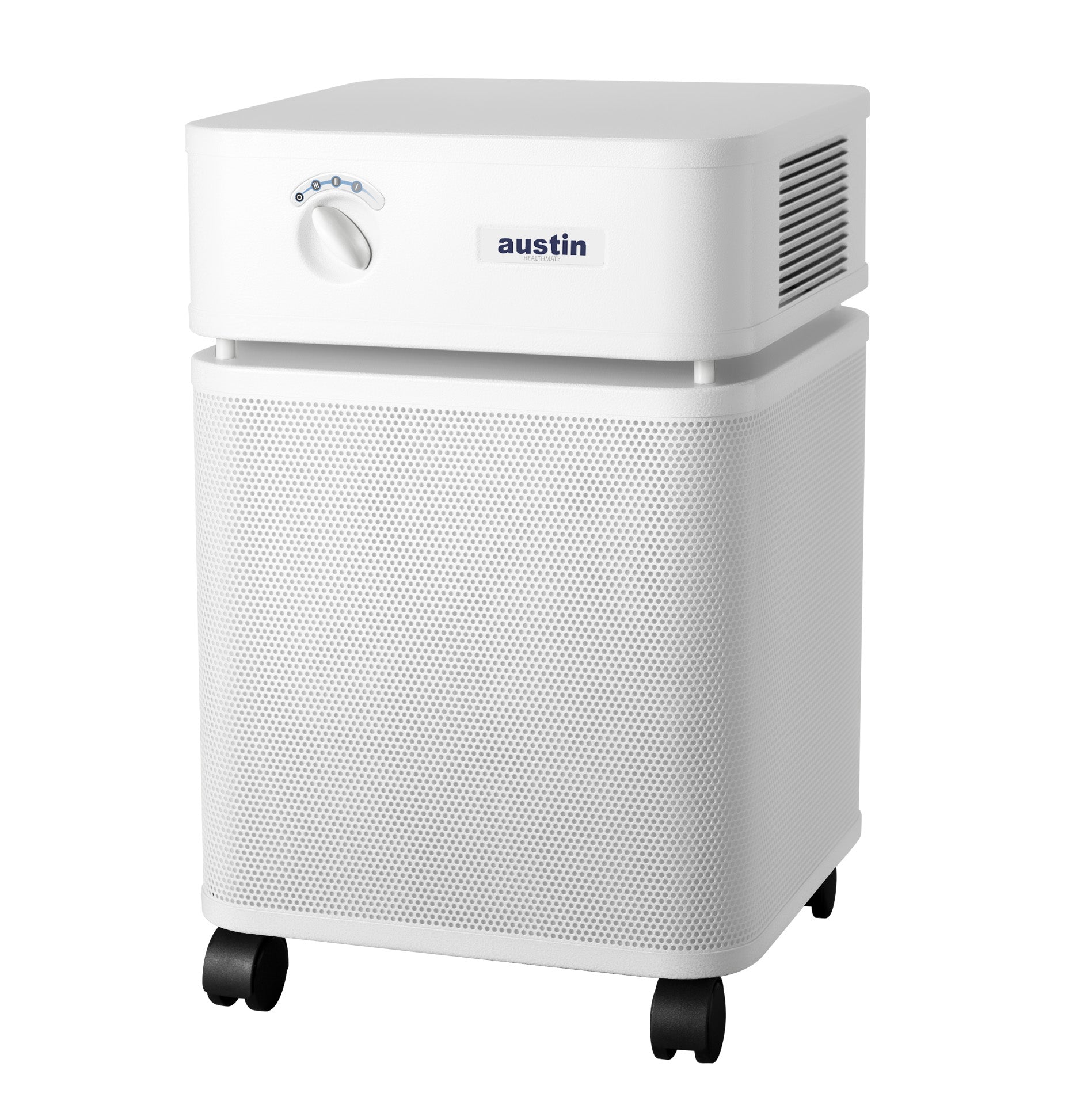 White rectangular Austin air purifier on a white background facing left 3/4