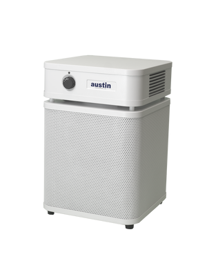 White rectangular Austin air purifier on a white background facing left 3/4