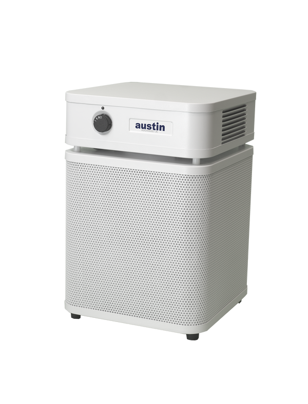 White rectangular Austin air purifier on a white background facing left 3/4